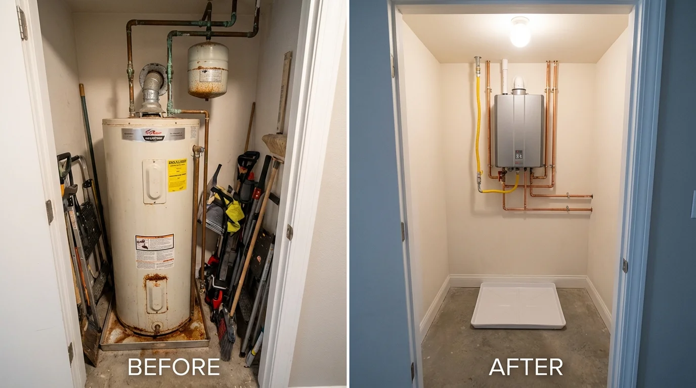 Tank water heater versus wall-mounted tankless unit comparison for Lincoln, KS homeowners