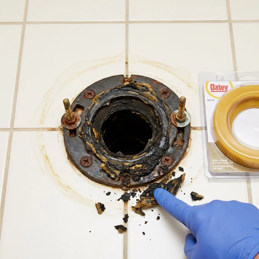 Failed wax ring showing water seepage at the base of a toilet in a Lincoln, KS home