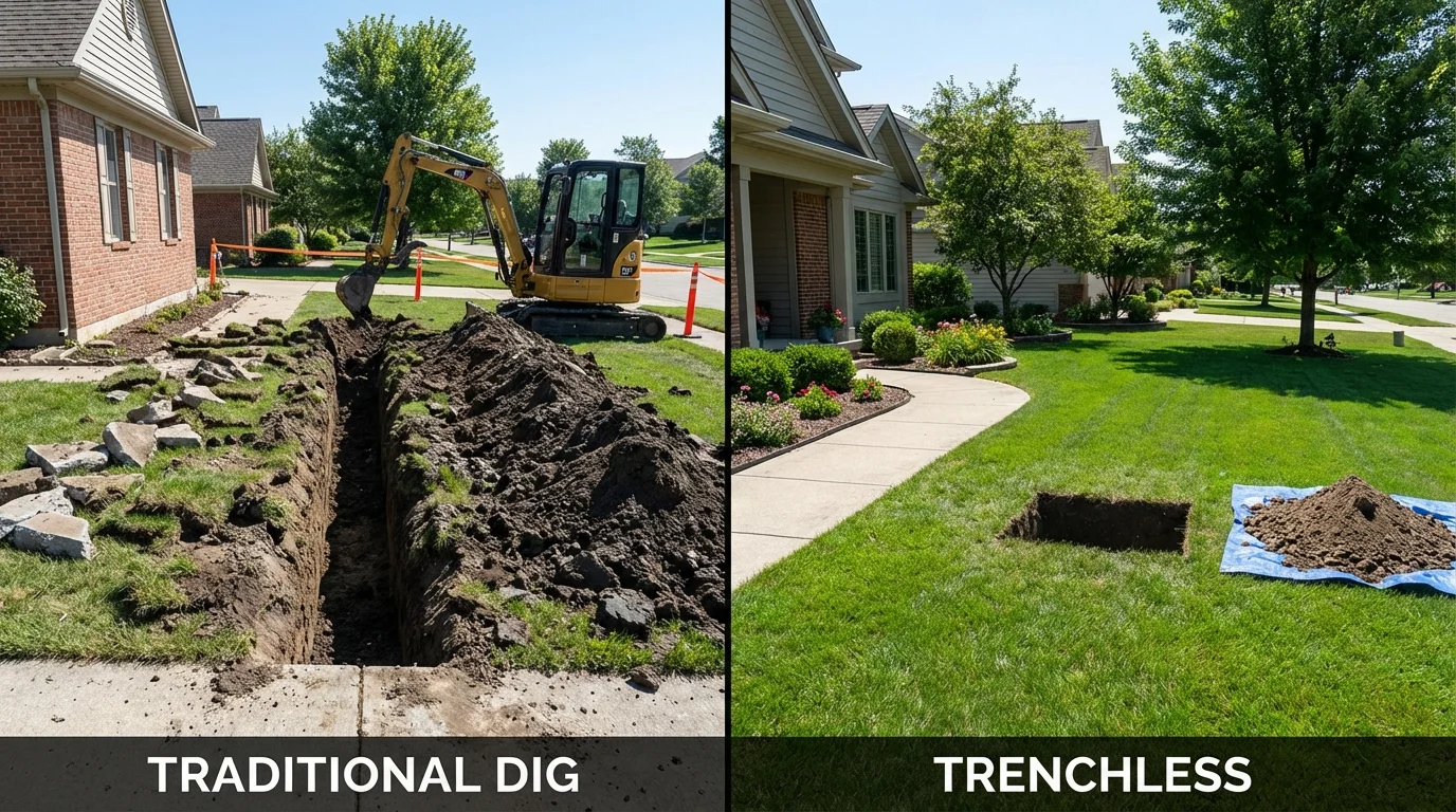 Trenchless sewer repair with minimal yard damage versus traditional excavation in Lincoln, KS