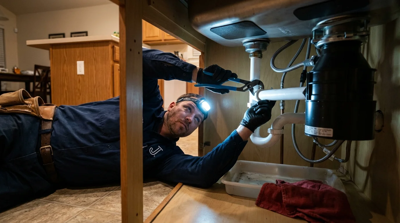 P-trap and supply line connections under a kitchen sink showing a common leak point in Lincoln, KS